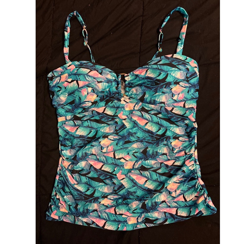 Beach Party Blue Tropical Floral Print Ruched Halter Tankini Swimwear Top, 14